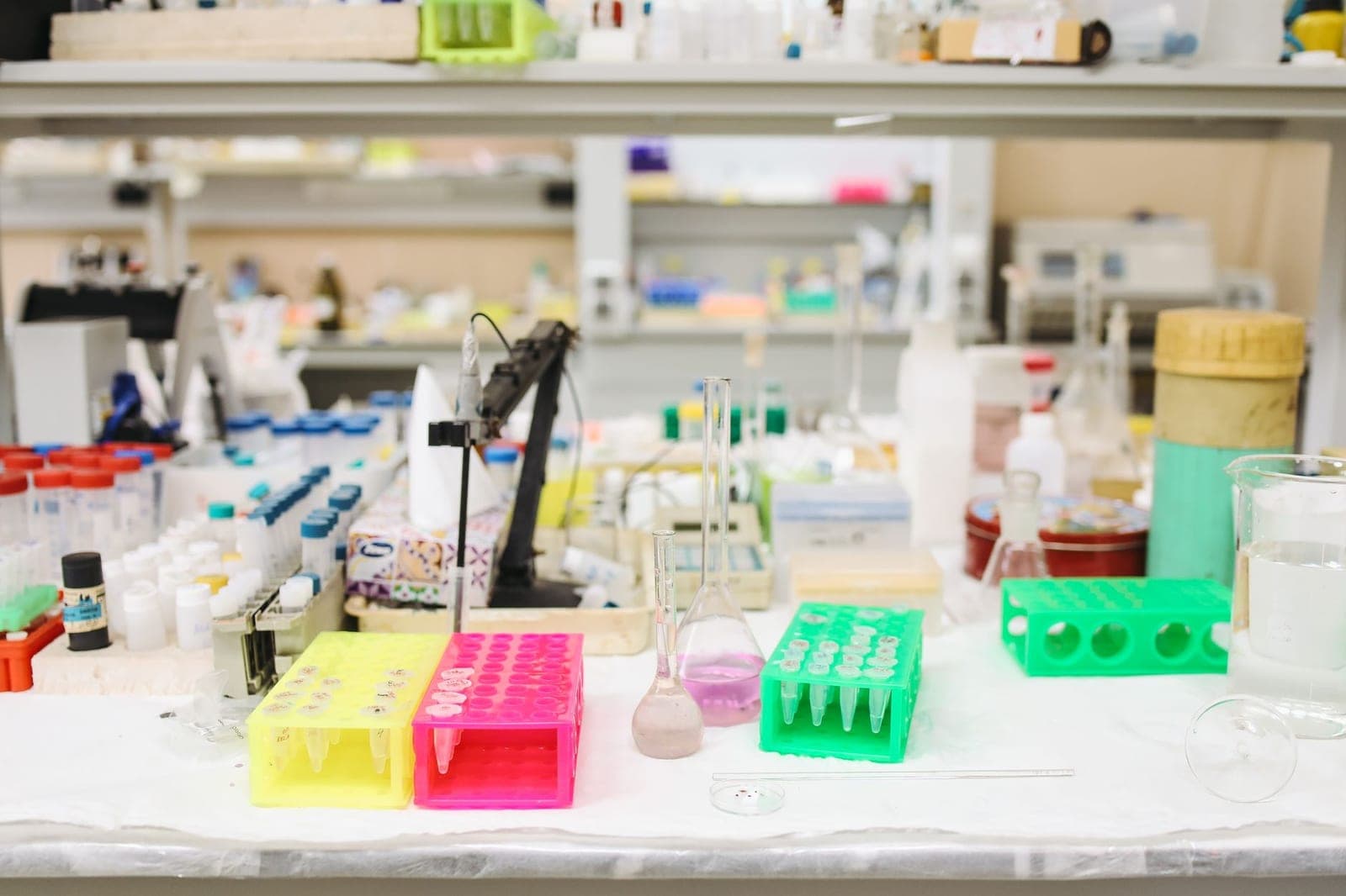 Laboratory bench with organized test tubes and research equipment.