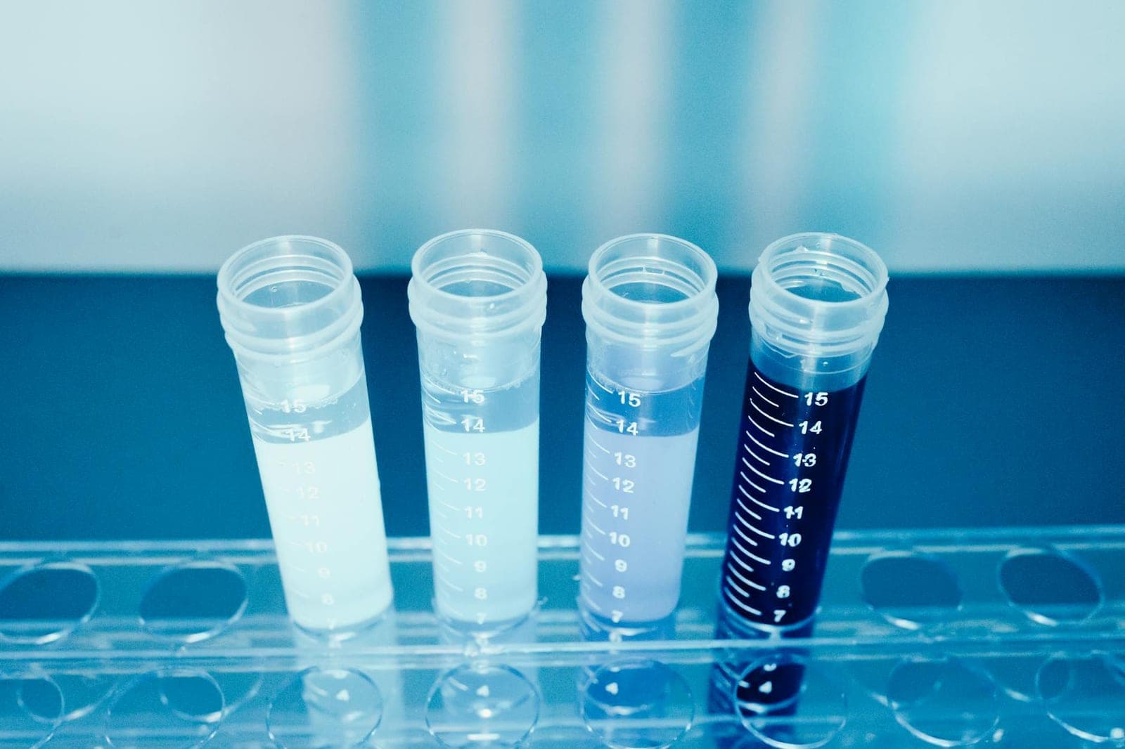 Rows of test tubes with varied liquid samples in a laboratory rack.