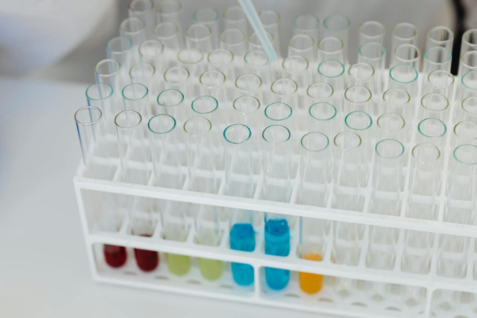 Laboratory test tubes with colorful chemical solutions in a rack.