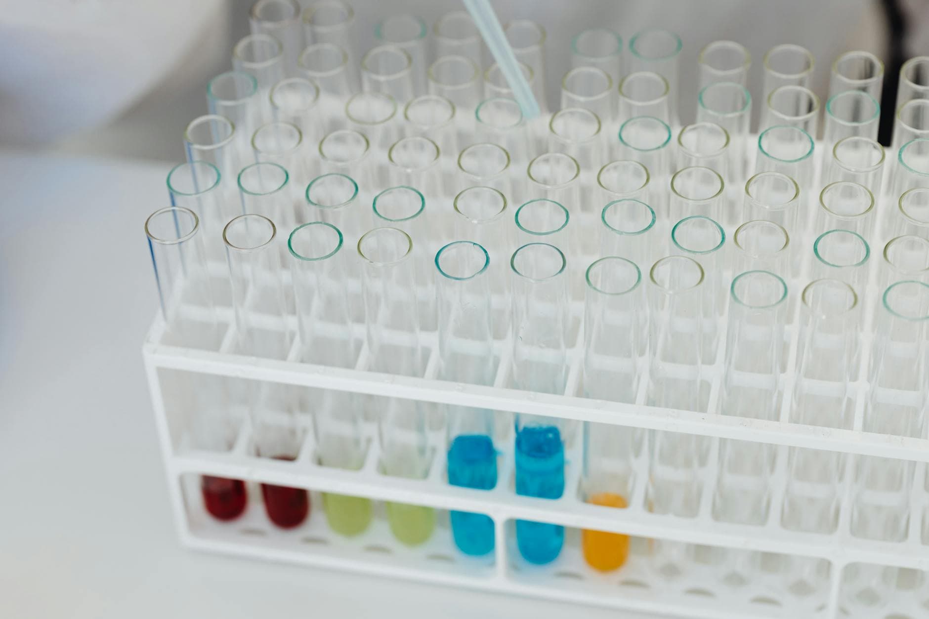 Laboratory test tubes with colorful chemical solutions in a rack.